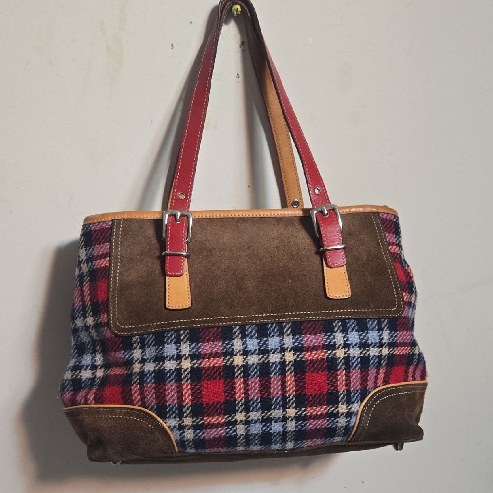 Coach Plaid Tote with Red and Brown Leather - Picture 2 of 16
